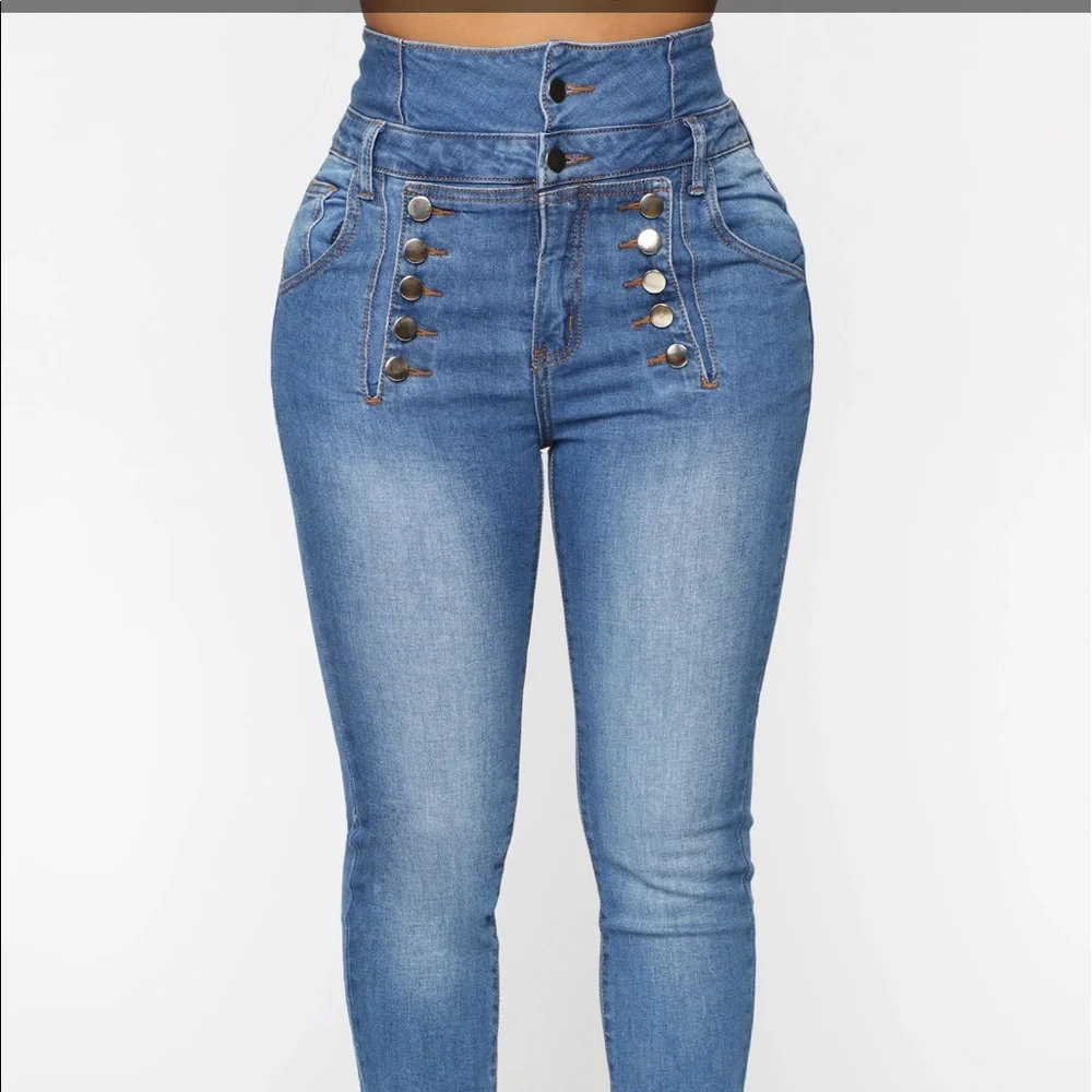 Fashion Nova. High Rise Sailor Double Button Skinny Jean. Medium Wash - Picture 3 of 6